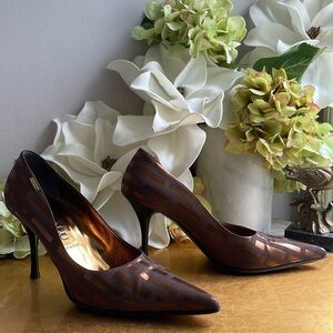 Loriblu Pointy Toe Pumps  in Brown Striped Silk